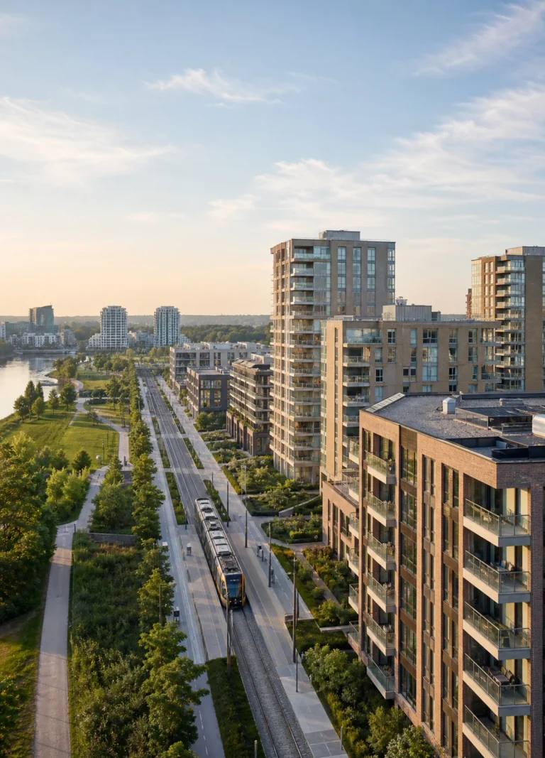 Location analysis — a new residential quarter near a park, waterfront and transport.