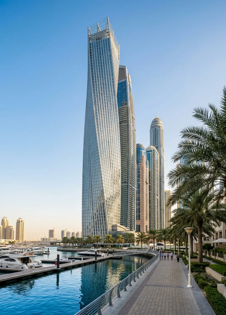 International property — a contemporary Dubai high-rise development by the water.