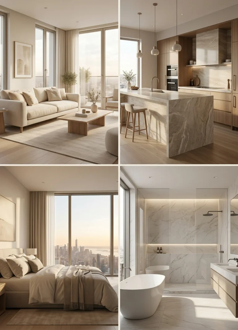 Viewing coordination — four apartment interiors with distinct design styles.