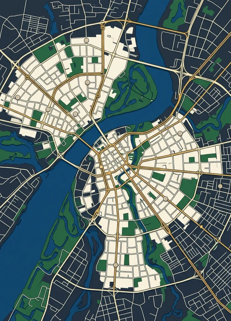 Location analysis — a detailed city plan with districts, parks and transport.